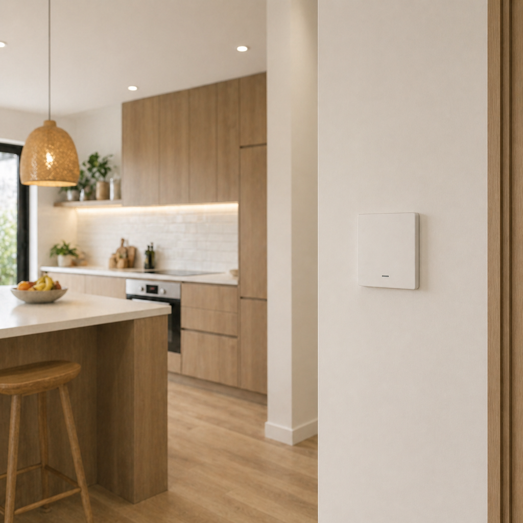 NéoGlass Multi-Wire Comfort installé dans une cuisine moderne pour contrôler l'éclairage mural.
