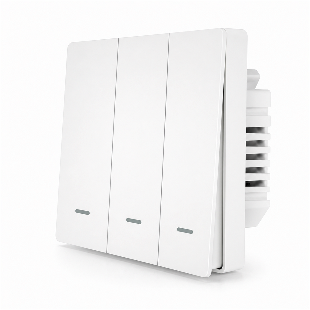 Interrupteur ZigBee NéoGlass Multi-Wire Comfort blanc à trois boutons sur fond blanc.