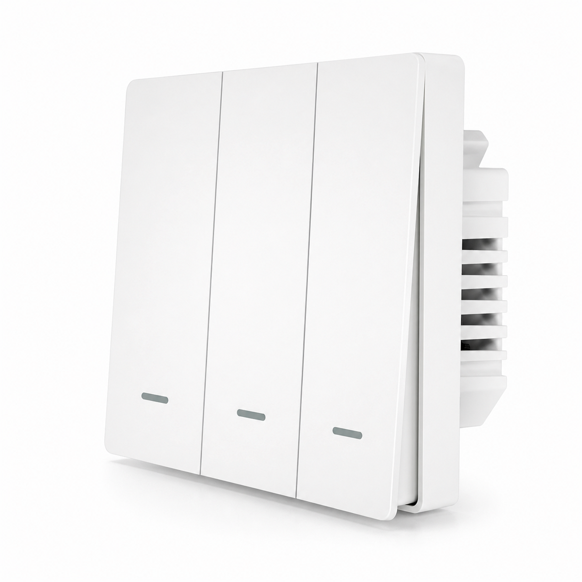 Interrupteur ZigBee NéoGlass Multi-Wire Comfort blanc à trois boutons sur fond blanc.