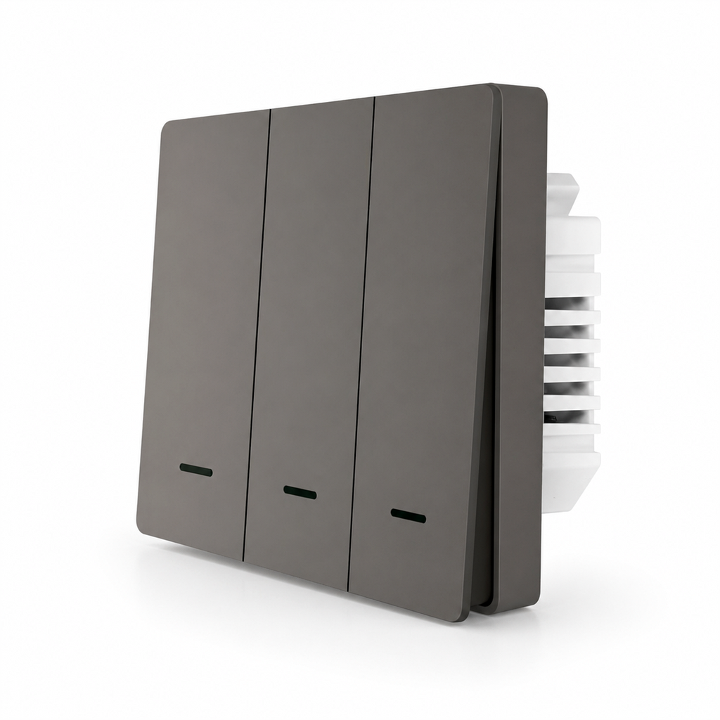 Interrupteur ZigBee NéoGlass Multi-Wire Comfort gris à trois boutons sur fond blanc.