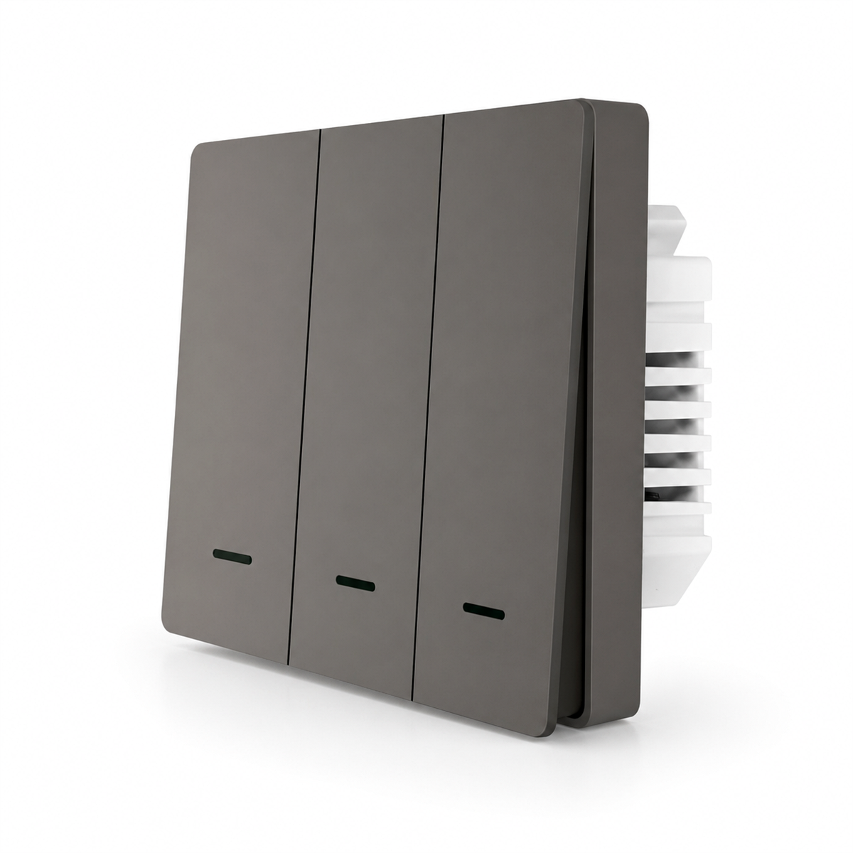Interrupteur ZigBee NéoGlass Multi-Wire Comfort gris à trois boutons sur fond blanc.