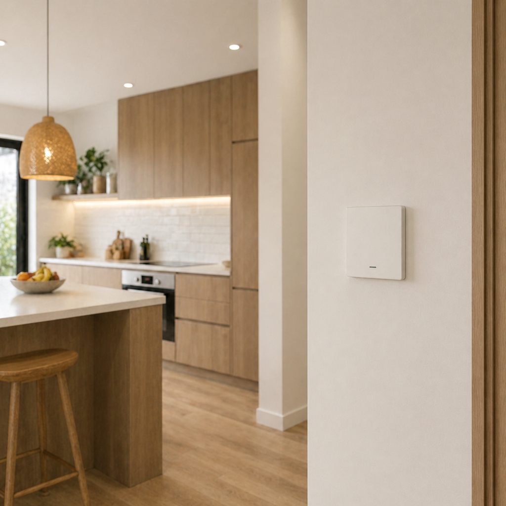 White ZigBee glass switch installed in a modern kitchen