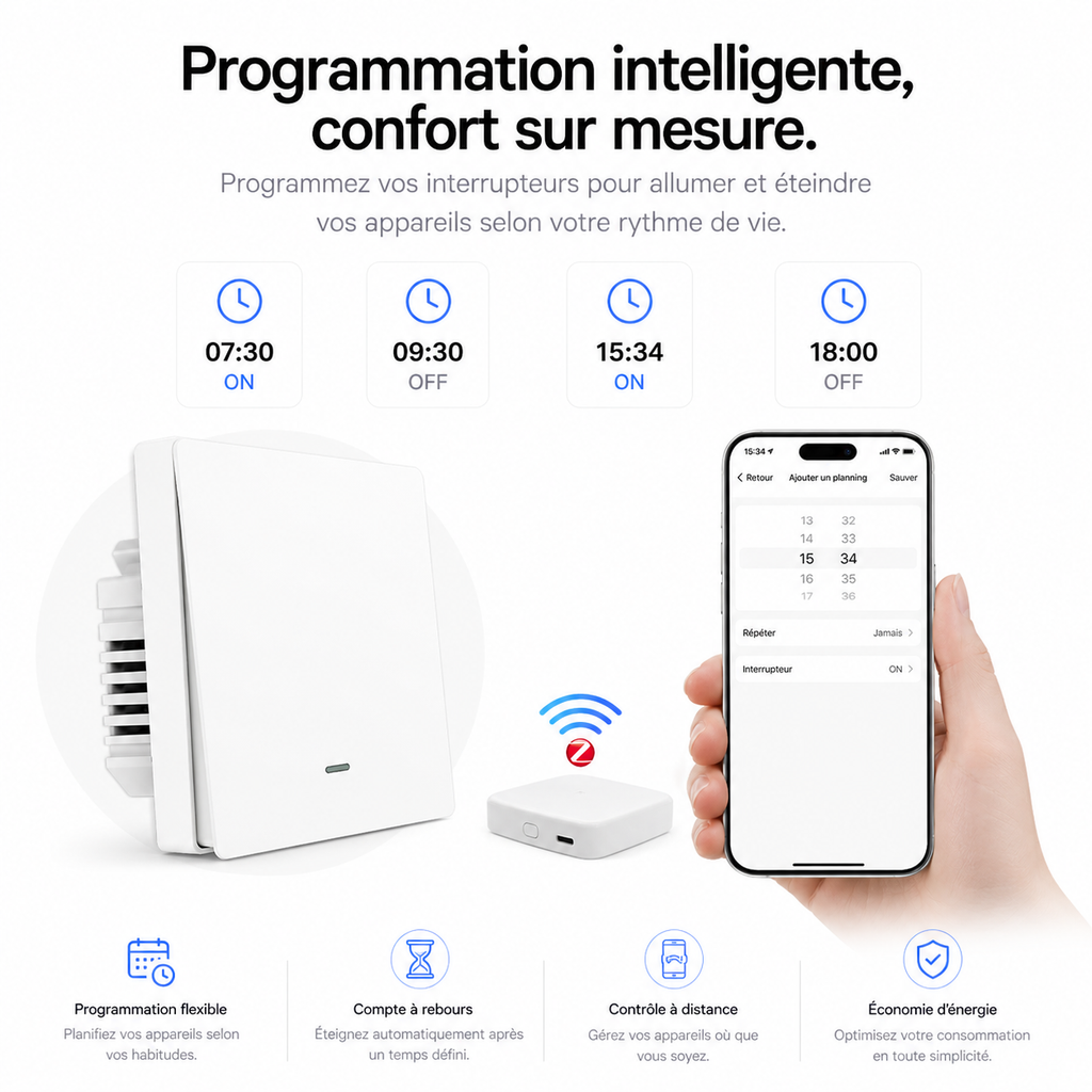 NéoGlass Multi-Wire Comfort, programmation intelligente pour planifier horaires, minuteurs et scénarios d'éclairage.