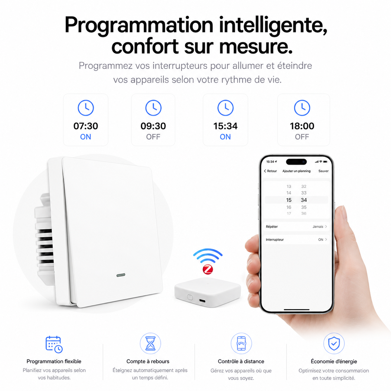 NéoGlass Multi-Wire Comfort, programmation intelligente pour planifier horaires, minuteurs et scénarios d'éclairage.