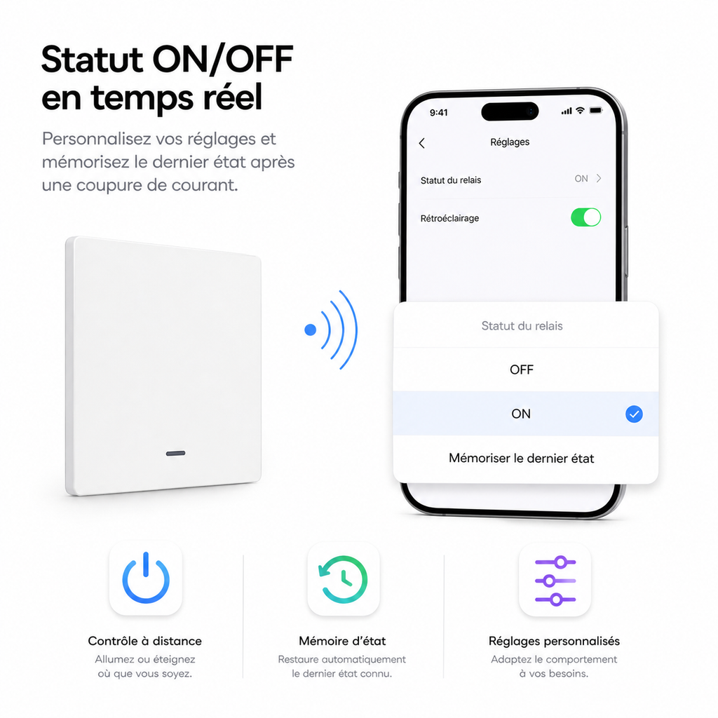 NéoGlass Multi-Wire Comfort, statut ON OFF en temps réel pour connaître l'état de l'interrupteur depuis l'application.
