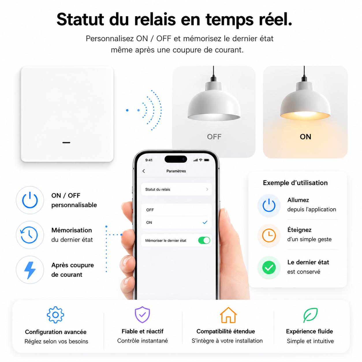 NéoGlass Multi-Wire Comfort, statut du relais en temps réel avec suivi ON OFF et contrôle depuis l'application.