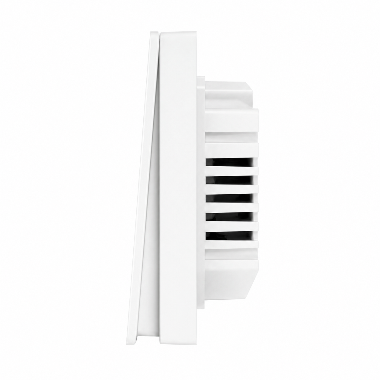 NéoGlass Multi-Wire Comfort, vue latérale de l'interrupteur Zigbee blanc à un bouton avec profil fin.