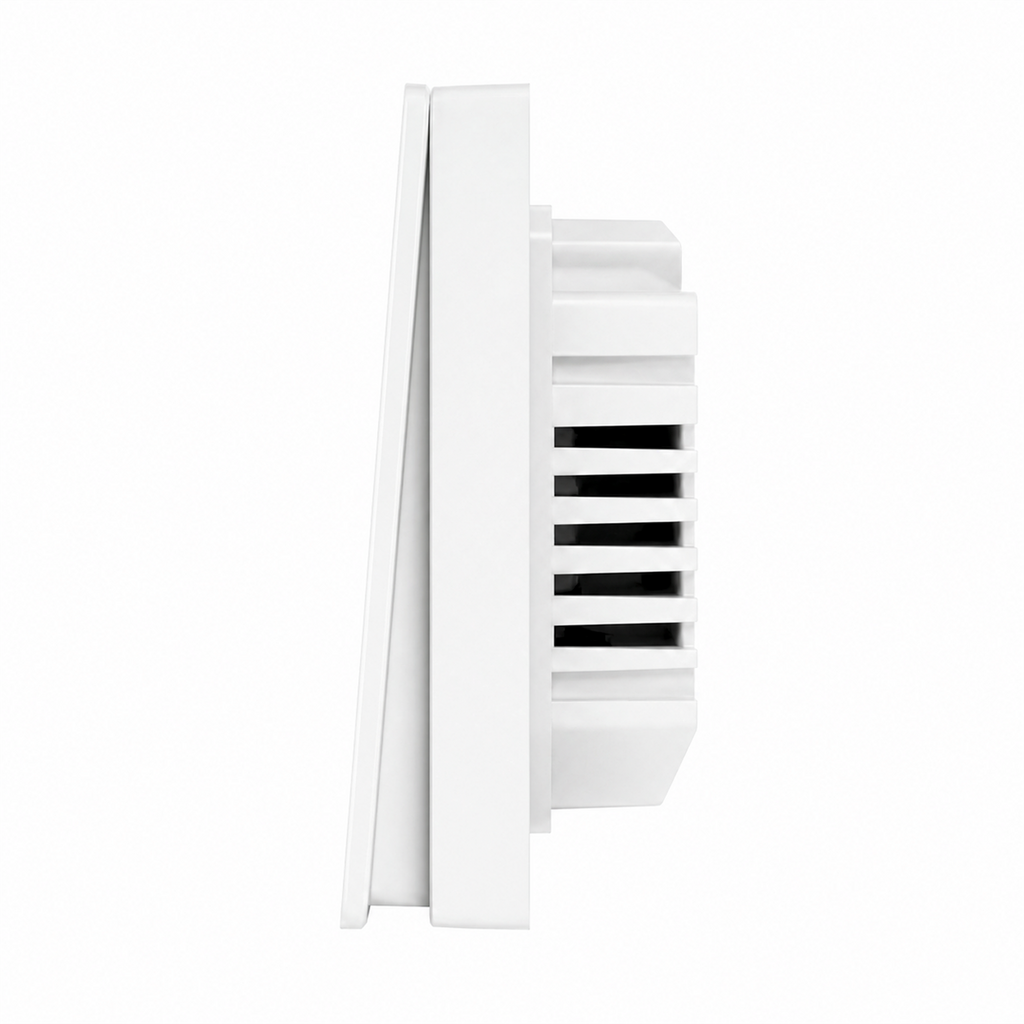 Vue latérale de l’interrupteur ZigBee NéoGlass Multi-Wire Comfort blanc avec module arrière sur fond blanc.