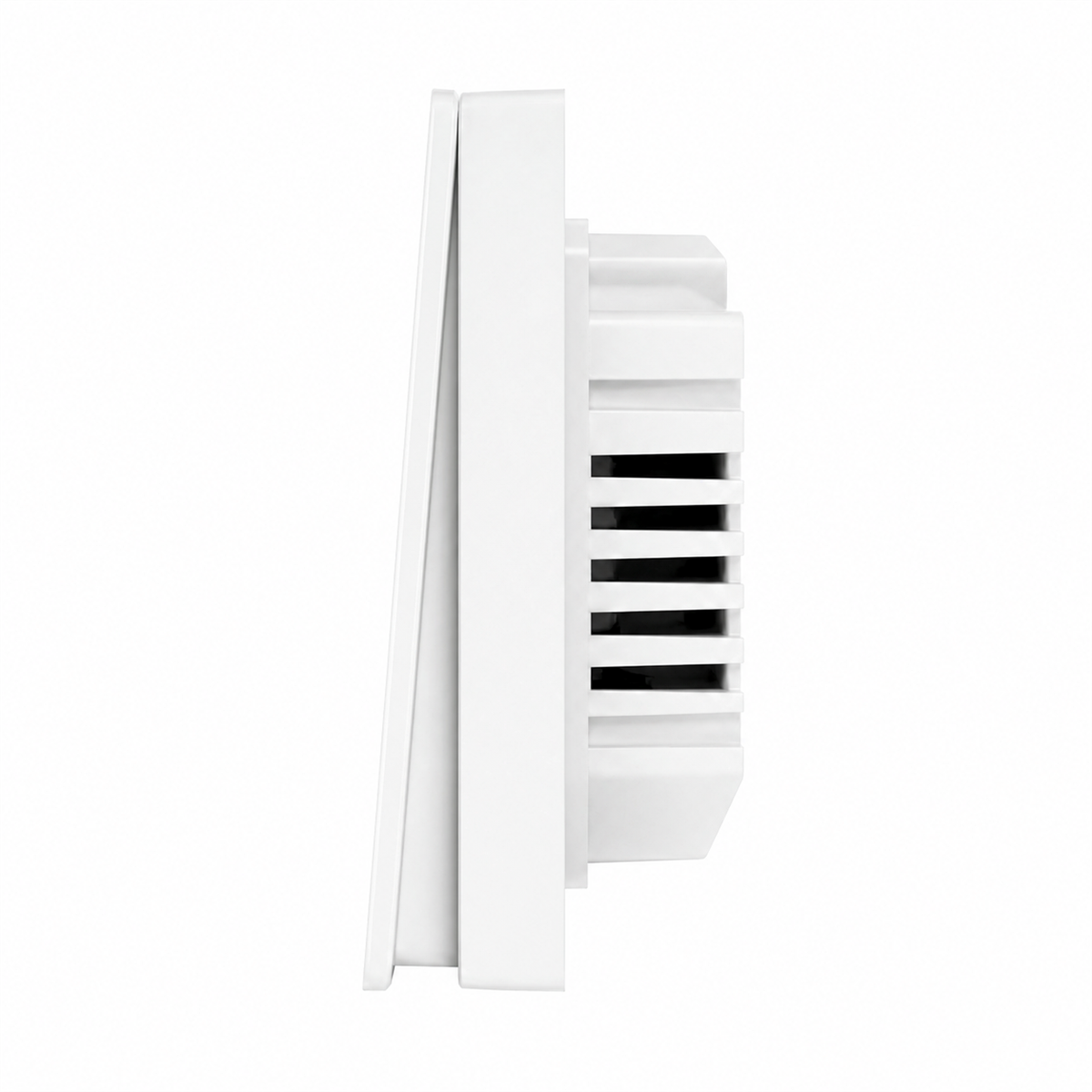 Vue latérale de l’interrupteur ZigBee NéoGlass Multi-Wire Comfort blanc avec module arrière sur fond blanc.