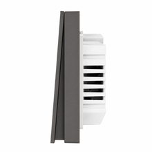 NéoGlass Multi-Wire Comfort, vue latérale de l'interrupteur Zigbee gris à deux boutons avec module arrière.