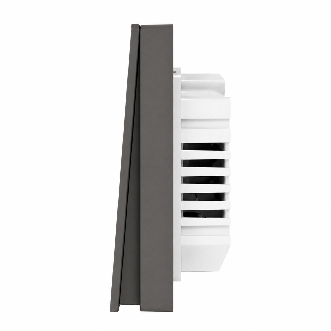 NéoGlass Multi-Wire Comfort, vue latérale de l'interrupteur Zigbee gris à deux boutons avec module arrière.