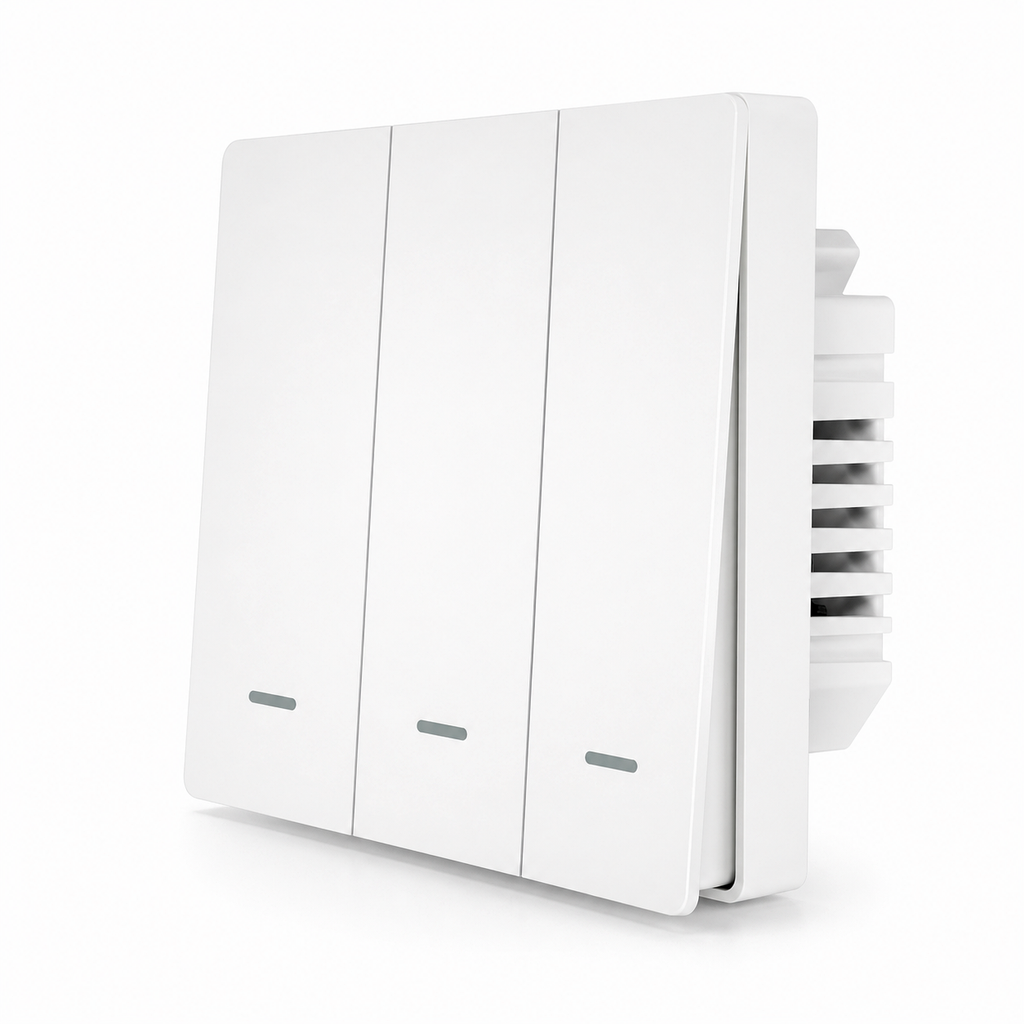 Studio image of white three-button ZigBee glass switch