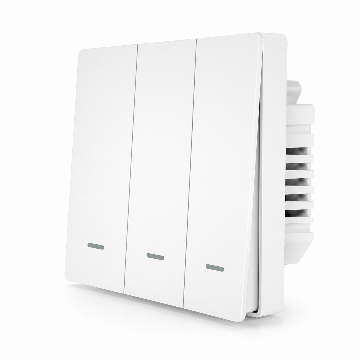 Studio image of white three-button ZigBee glass switch