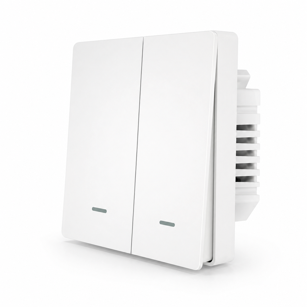 Studio image of white two-button ZigBee glass switch