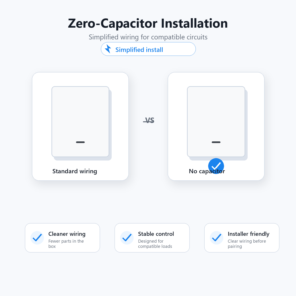Zero capacitor installation visual for ZigBee glass wall switch