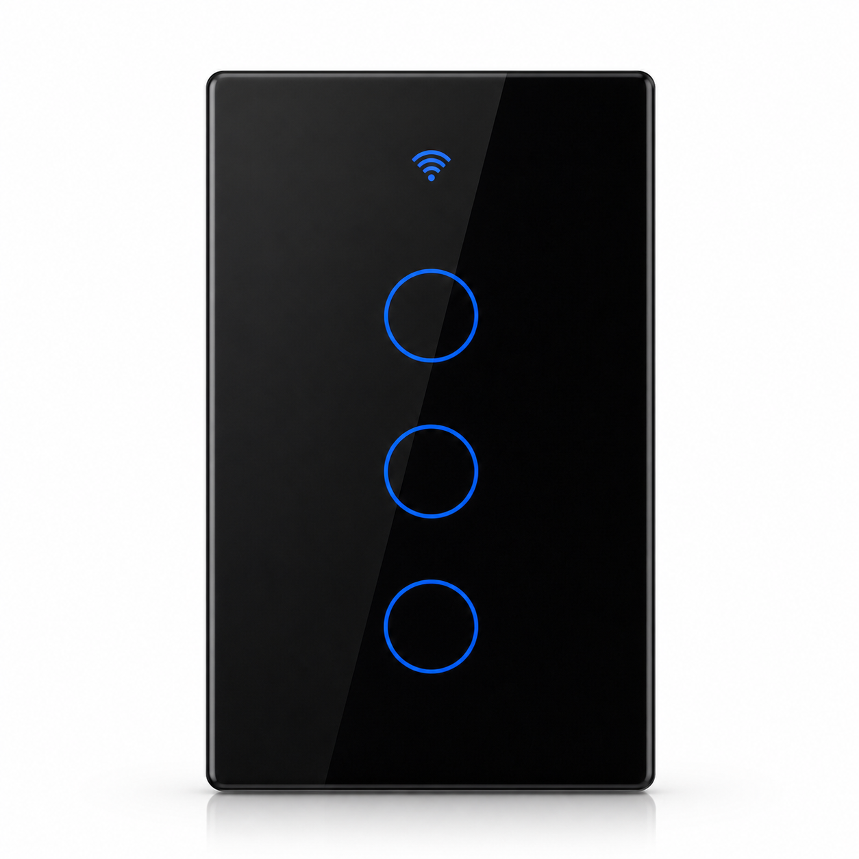 Studio packshot of black NéoGlass RF Lite Comfort three-channel WiFi touch switch