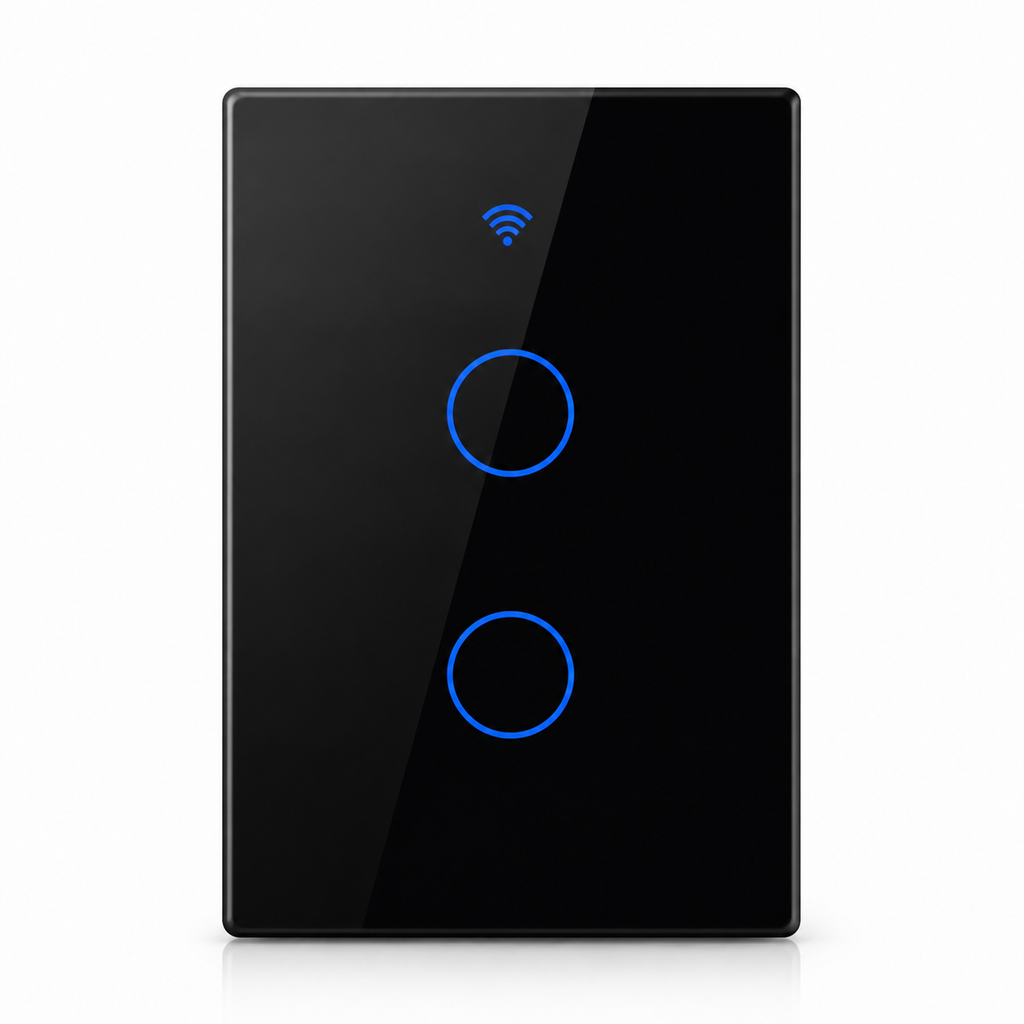 Studio packshot of black NéoGlass RF Lite Comfort two-channel WiFi touch switch