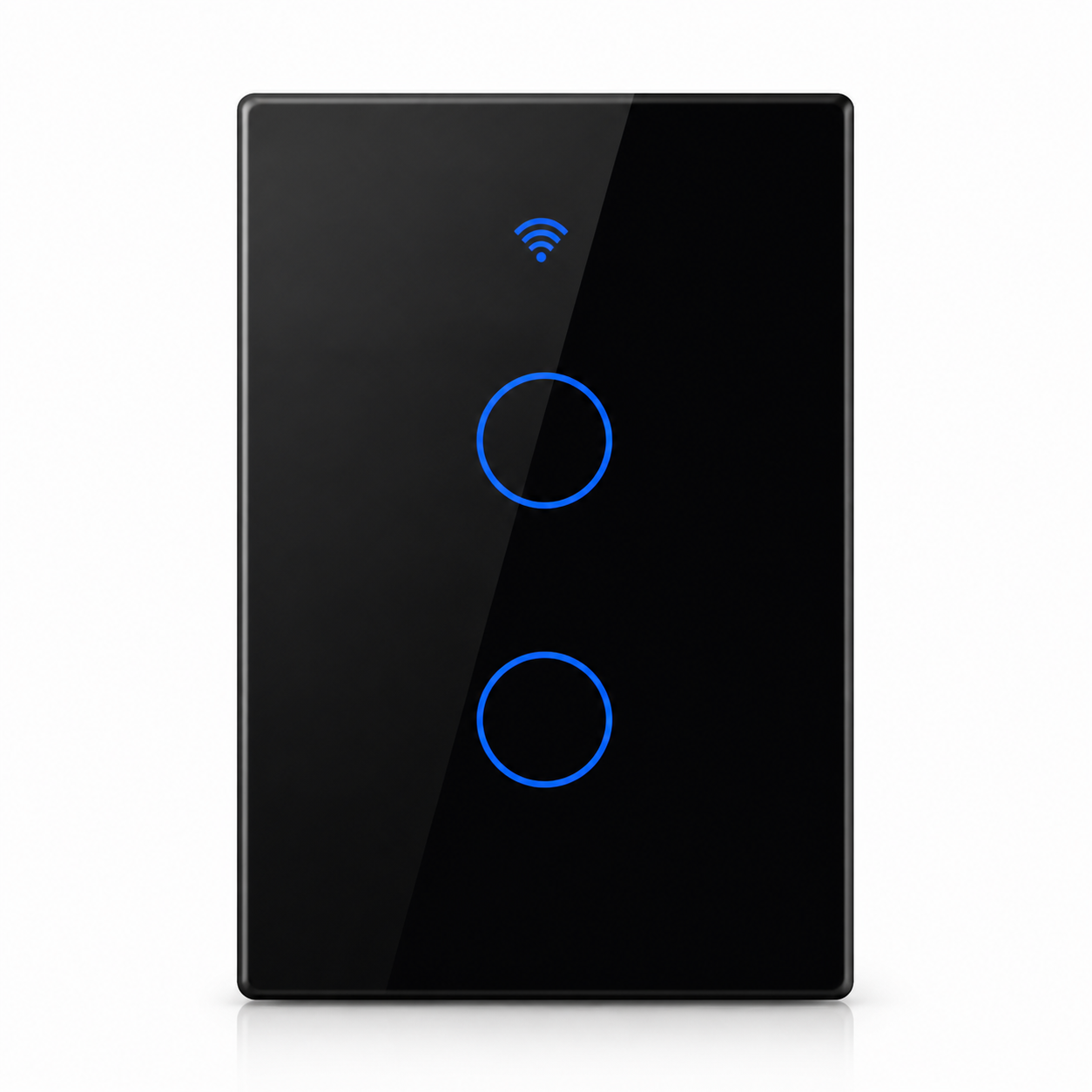 Studio packshot of black NéoGlass RF Lite Comfort two-channel WiFi touch switch