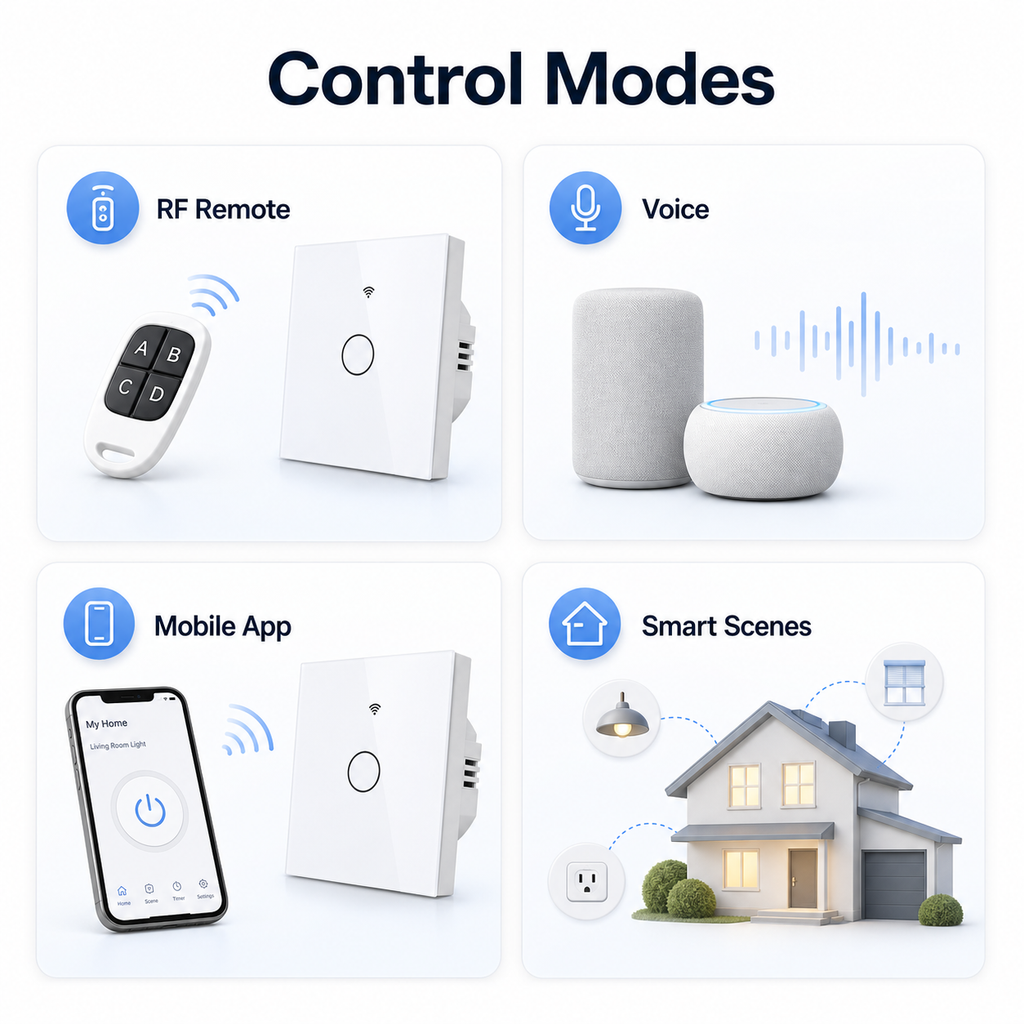 Control modes for NéoGlass RF Lite Comfort WiFi and RF touch light switch