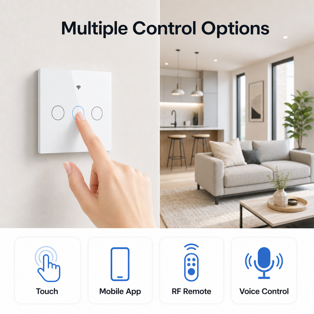 Multiple control options for NéoGlass RF Lite Comfort touch light switch