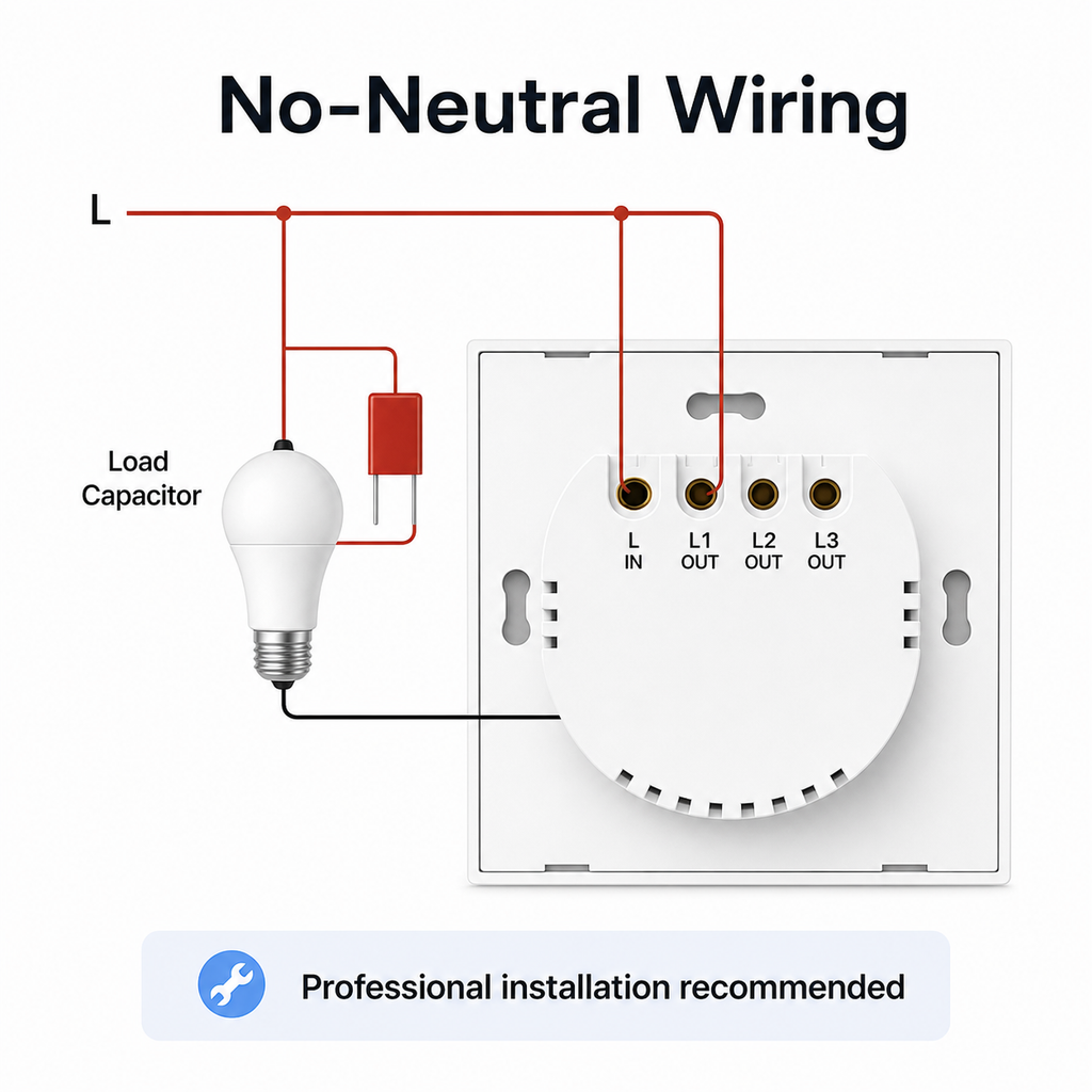 No-neutral wiring diagram for NéoGlass RF Lite Comfort touch switch