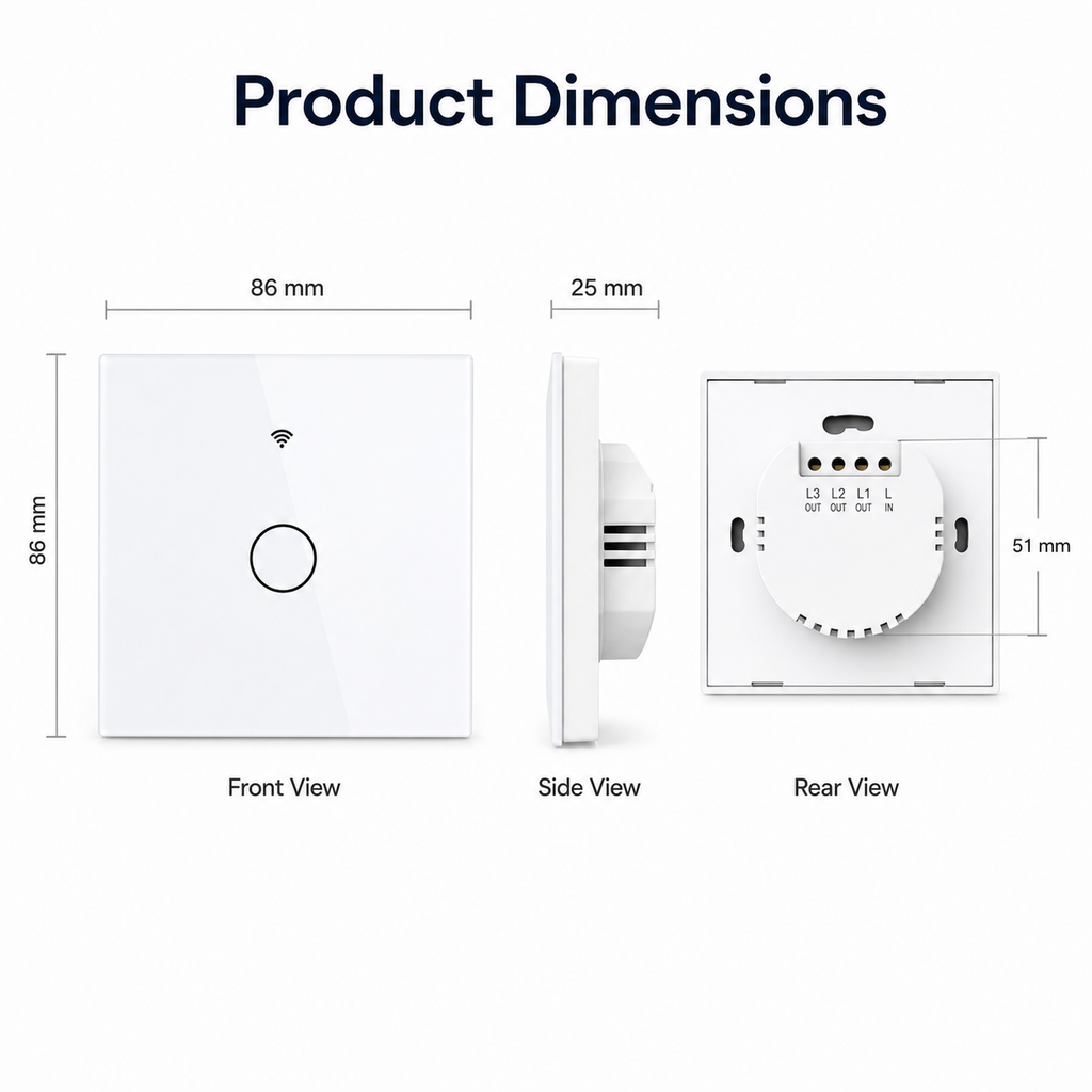 Product dimensions diagram for NéoGlass RF Lite Comfort touch switch