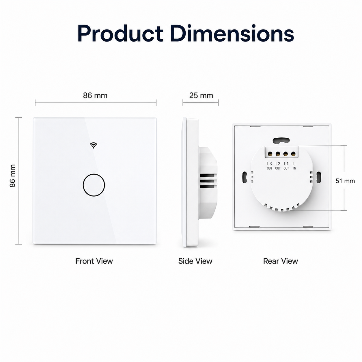 Product dimensions diagram for NéoGlass RF Lite Comfort touch switch