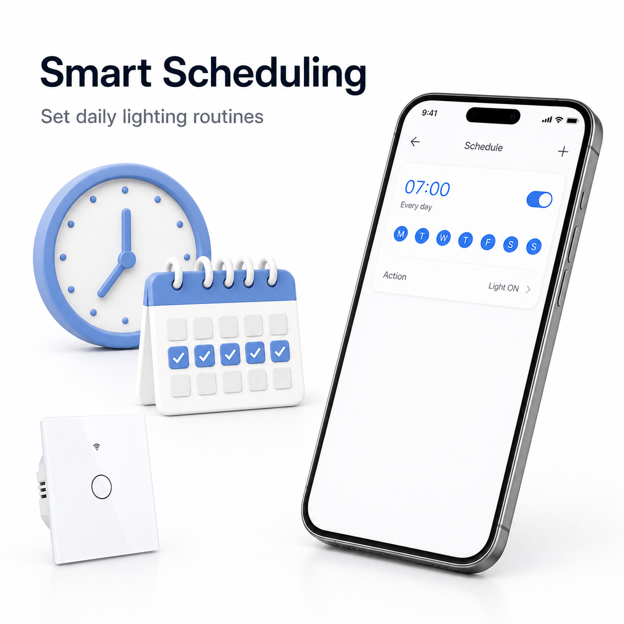 Smart scheduling feature for NéoGlass RF Lite Comfort WiFi touch switch