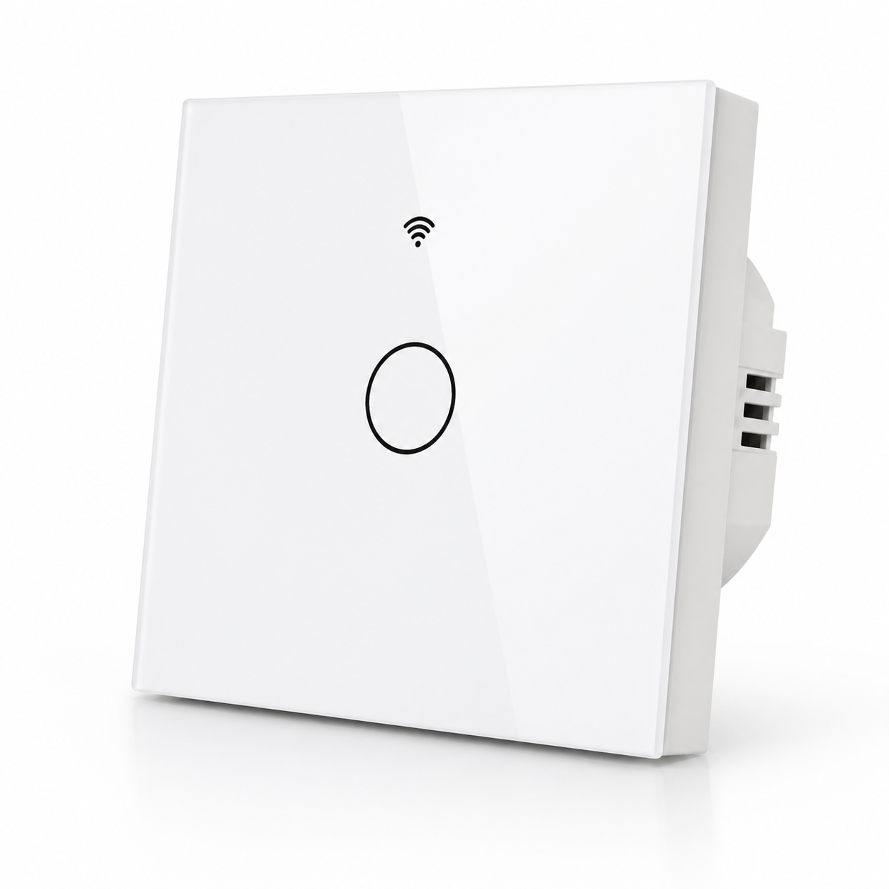 Studio packshot of white NéoGlass RF Lite Comfort one-channel WiFi touch switch