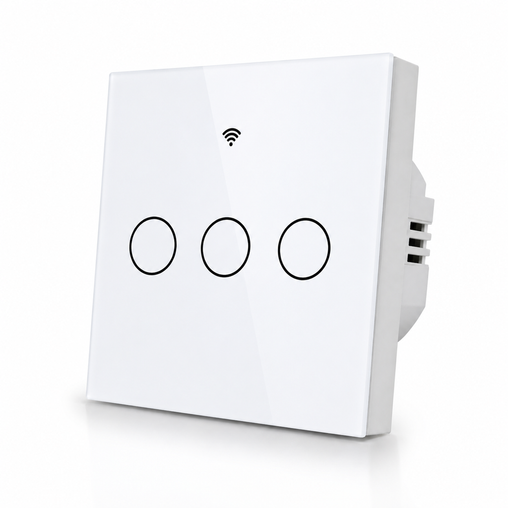 Studio packshot of white NéoGlass RF Lite Comfort three-channel WiFi touch switch