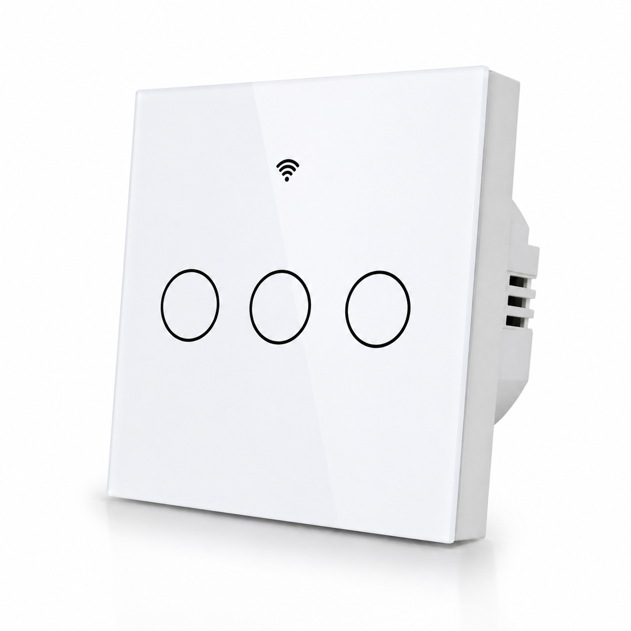Studio packshot of white NéoGlass RF Lite Comfort three-channel WiFi touch switch