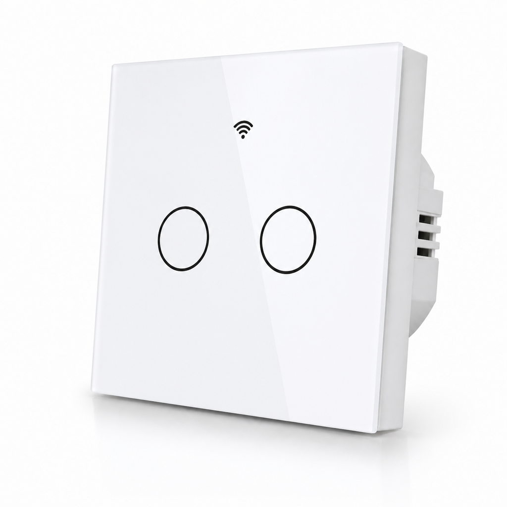 Studio packshot of white NéoGlass RF Lite Comfort two-channel WiFi touch switch