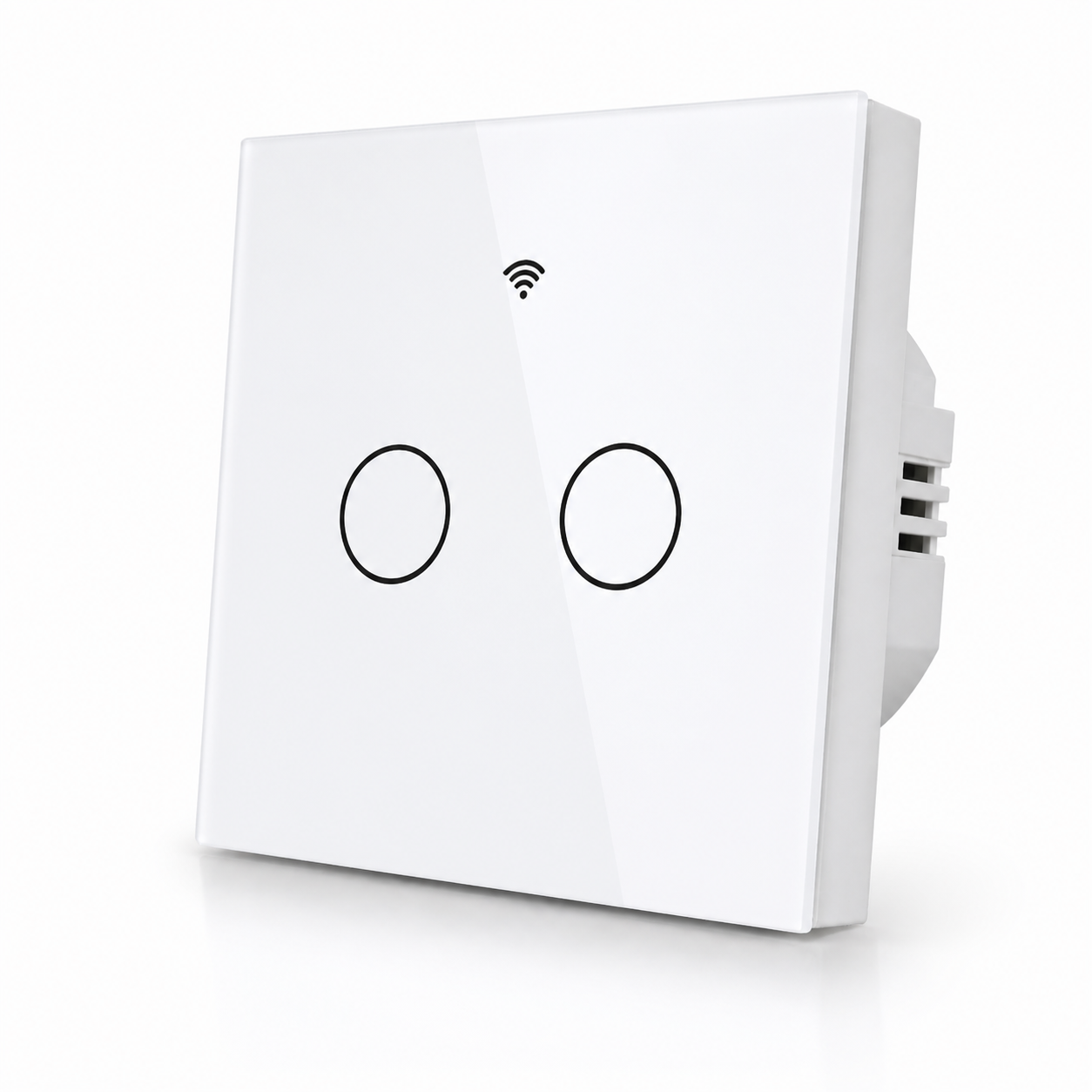 Studio packshot of white NéoGlass RF Lite Comfort two-channel WiFi touch switch