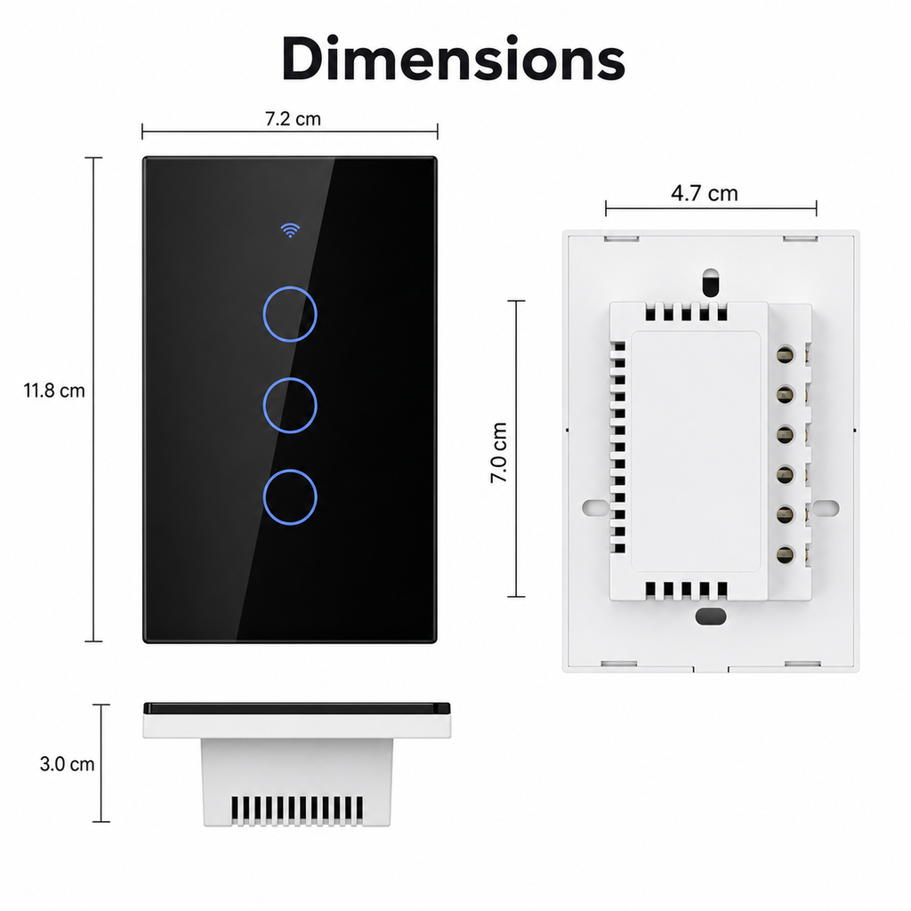 Technical dimensions diagram for black NéoGlass switch