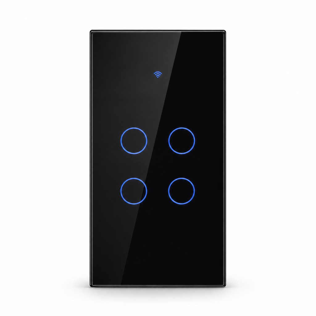 Black four-gang ZigBee glass touch switch studio packshot