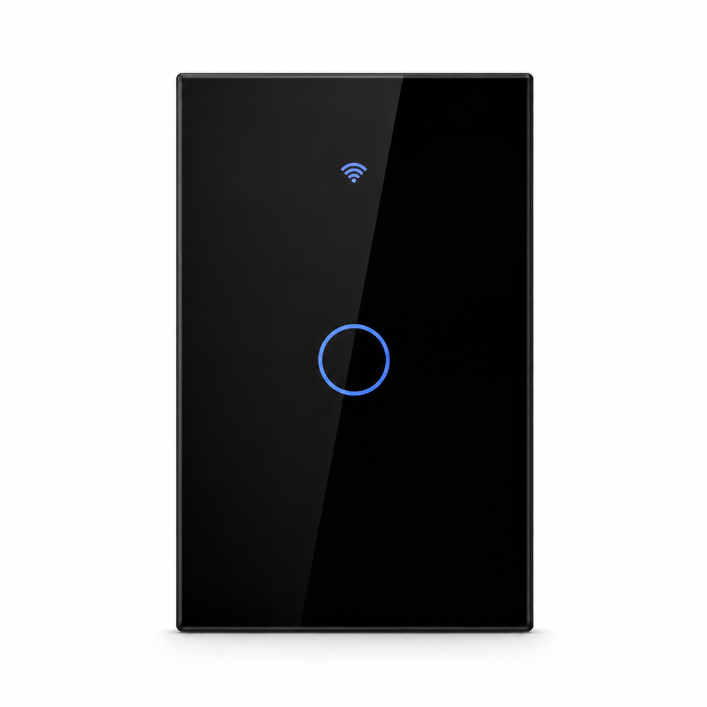 Black one-gang ZigBee glass touch switch studio packshot