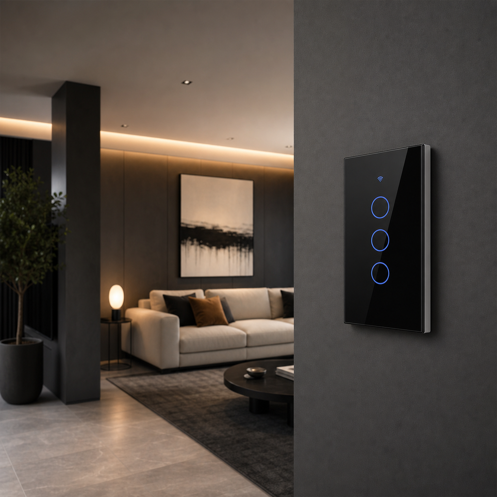 Black three-gang NéoGlass switch installed in a modern living room