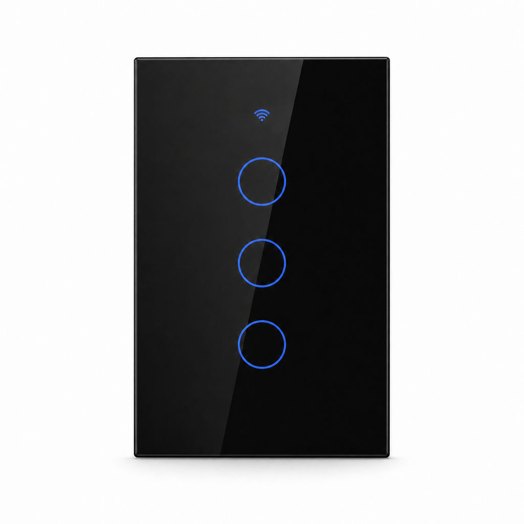 Black three-gang ZigBee glass touch switch studio packshot