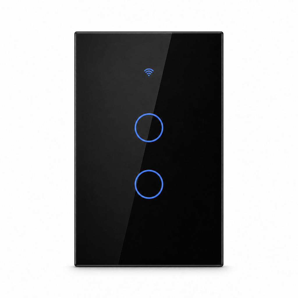 Black two-gang ZigBee glass touch switch studio packshot