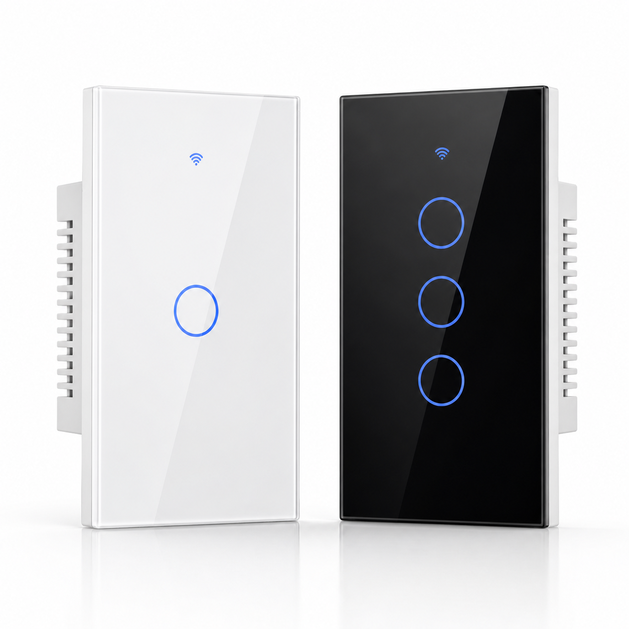 Studio packshot of black and white NéoGlass ZigBee glass touch switches