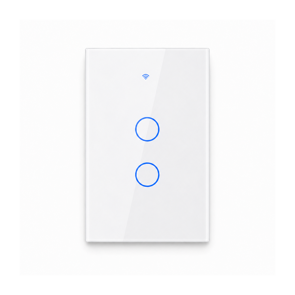 Interrupteur tactile NéoGlass Switch Comfort blanc à deux canaux avec façade en verre sur fond blanc.