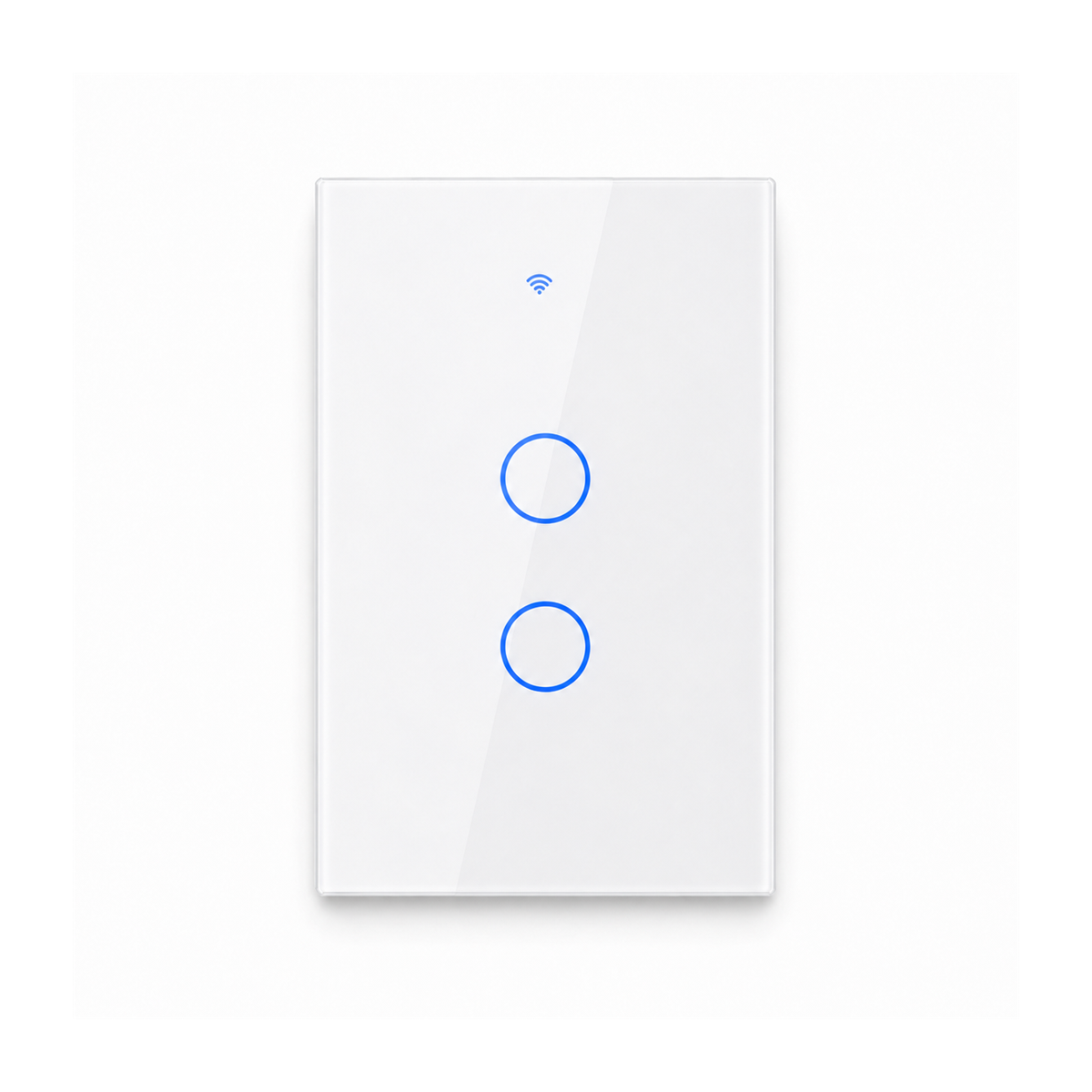 Interrupteur tactile NéoGlass Switch Comfort blanc à deux canaux avec façade en verre sur fond blanc.