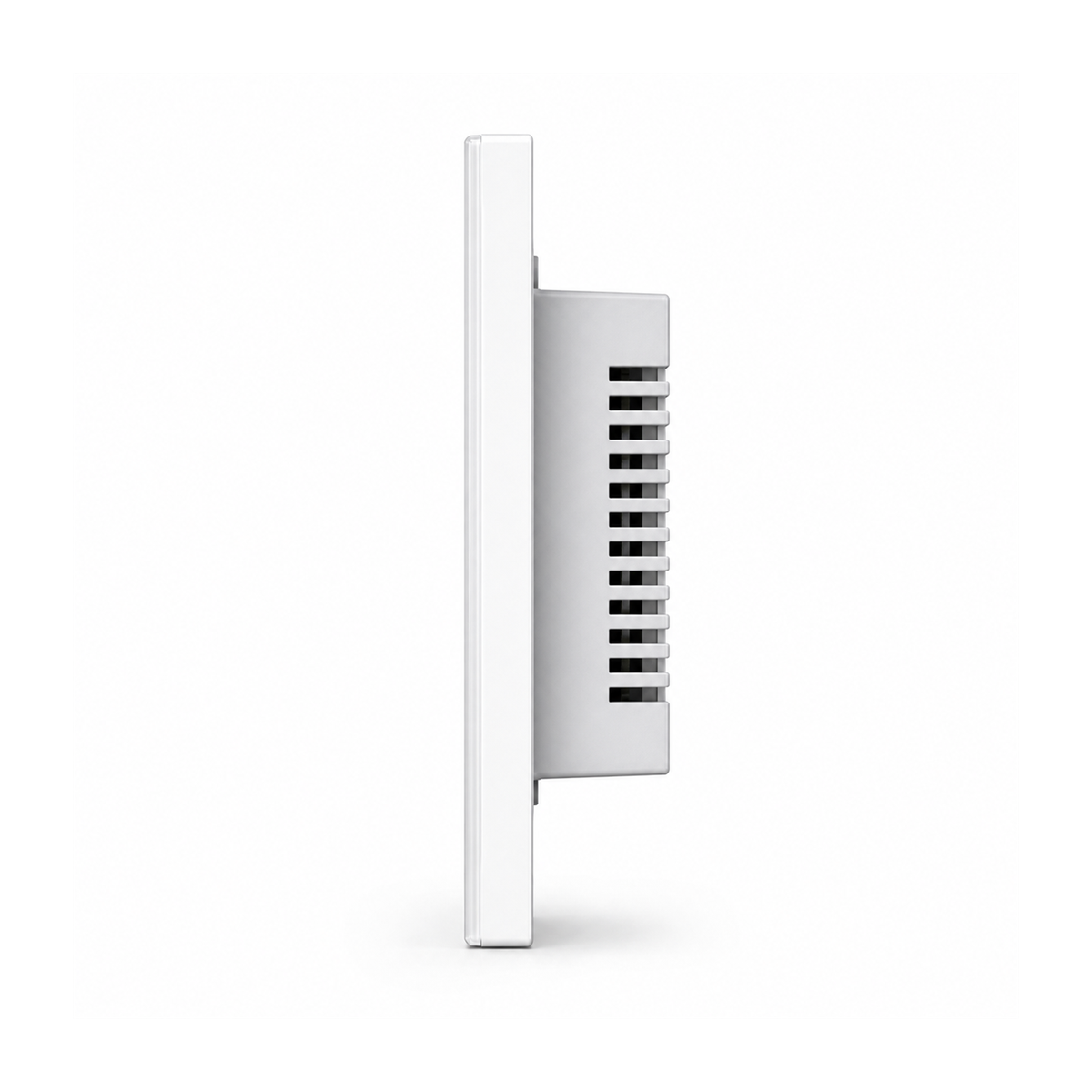 Interrupteur tactile NéoGlass Switch Comfort blanc vu de profil avec module arrière sur fond blanc.