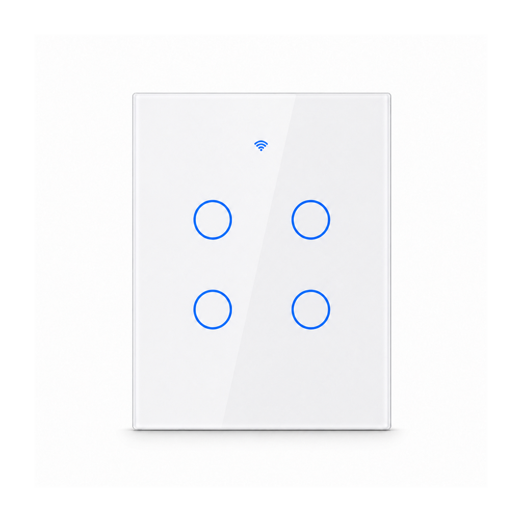 Interrupteur tactile NéoGlass Switch Comfort blanc à quatre canaux avec façade en verre sur fond blanc.