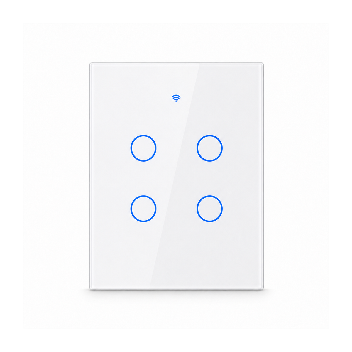 Interrupteur tactile NéoGlass Switch Comfort blanc à quatre canaux avec façade en verre sur fond blanc.