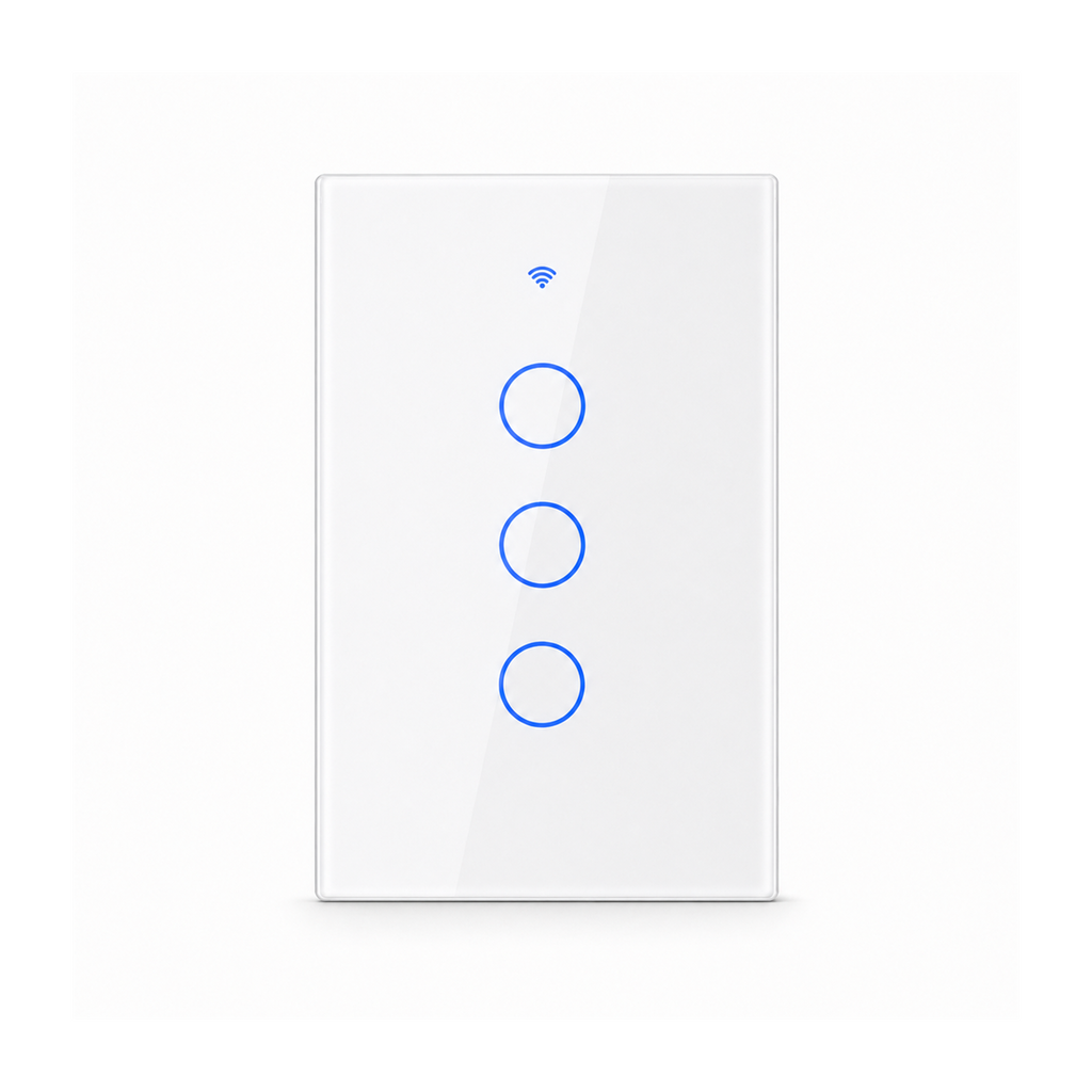 Interrupteur tactile NéoGlass Switch Comfort blanc à trois canaux avec façade en verre sur fond blanc.