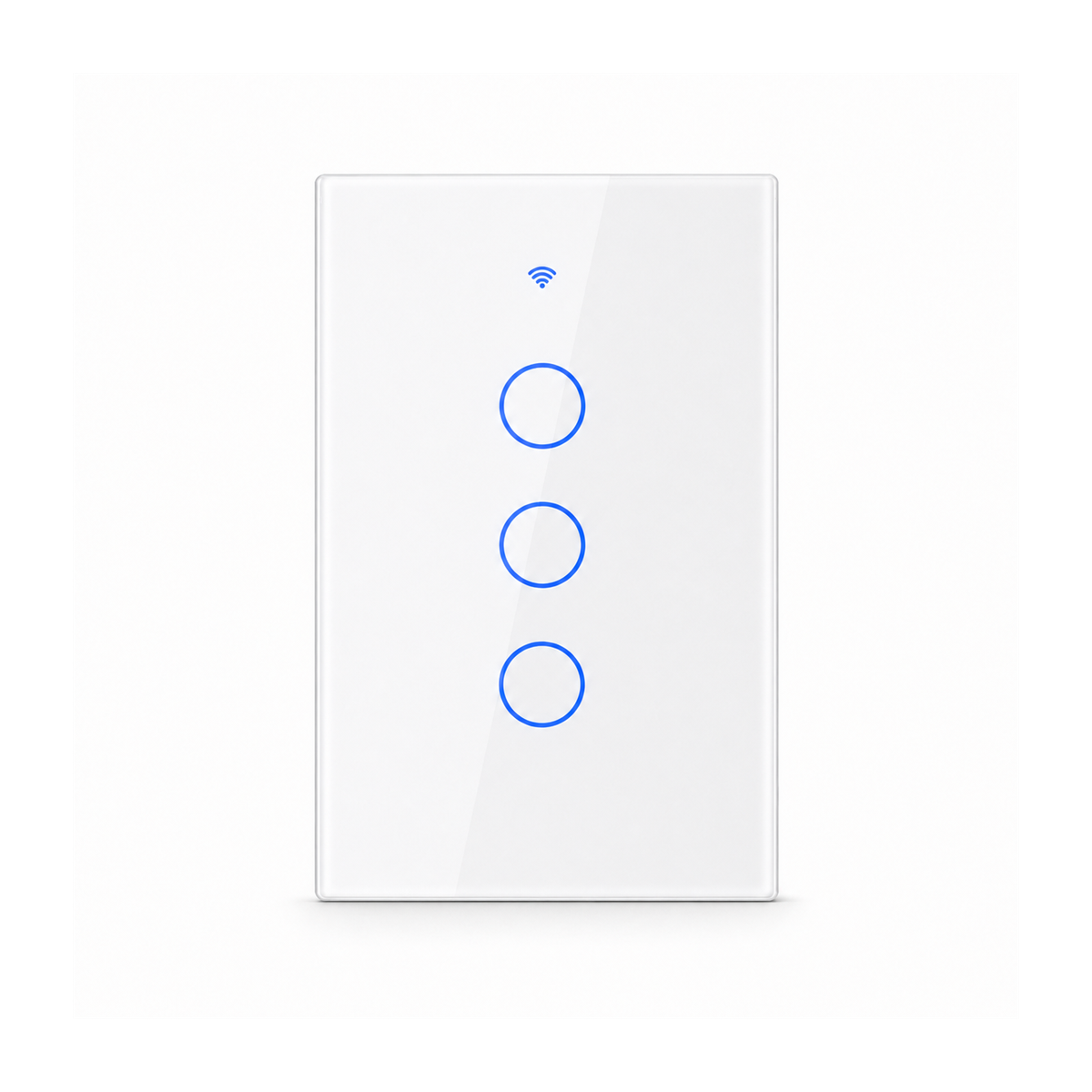 Interrupteur tactile NéoGlass Switch Comfort blanc à trois canaux avec façade en verre sur fond blanc.