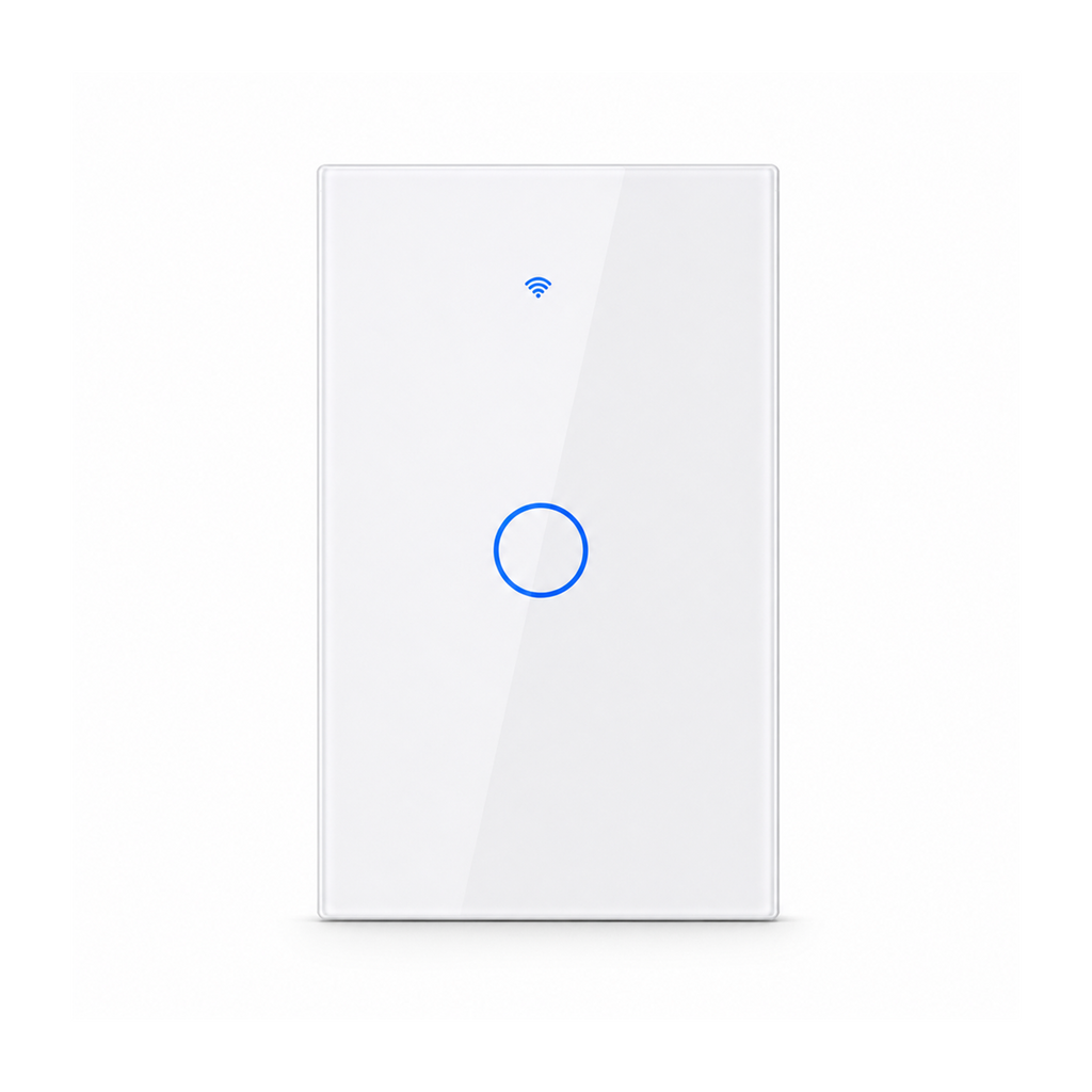 Interrupteur tactile NéoGlass Switch Comfort blanc à un canal avec façade en verre sur fond blanc.