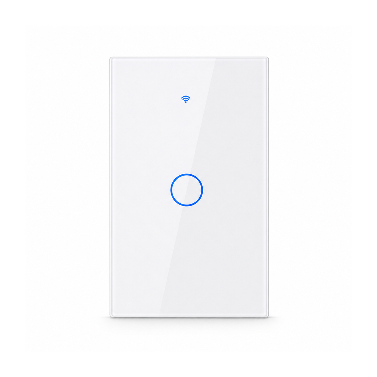 Interrupteur tactile NéoGlass Switch Comfort blanc à un canal avec façade en verre sur fond blanc.