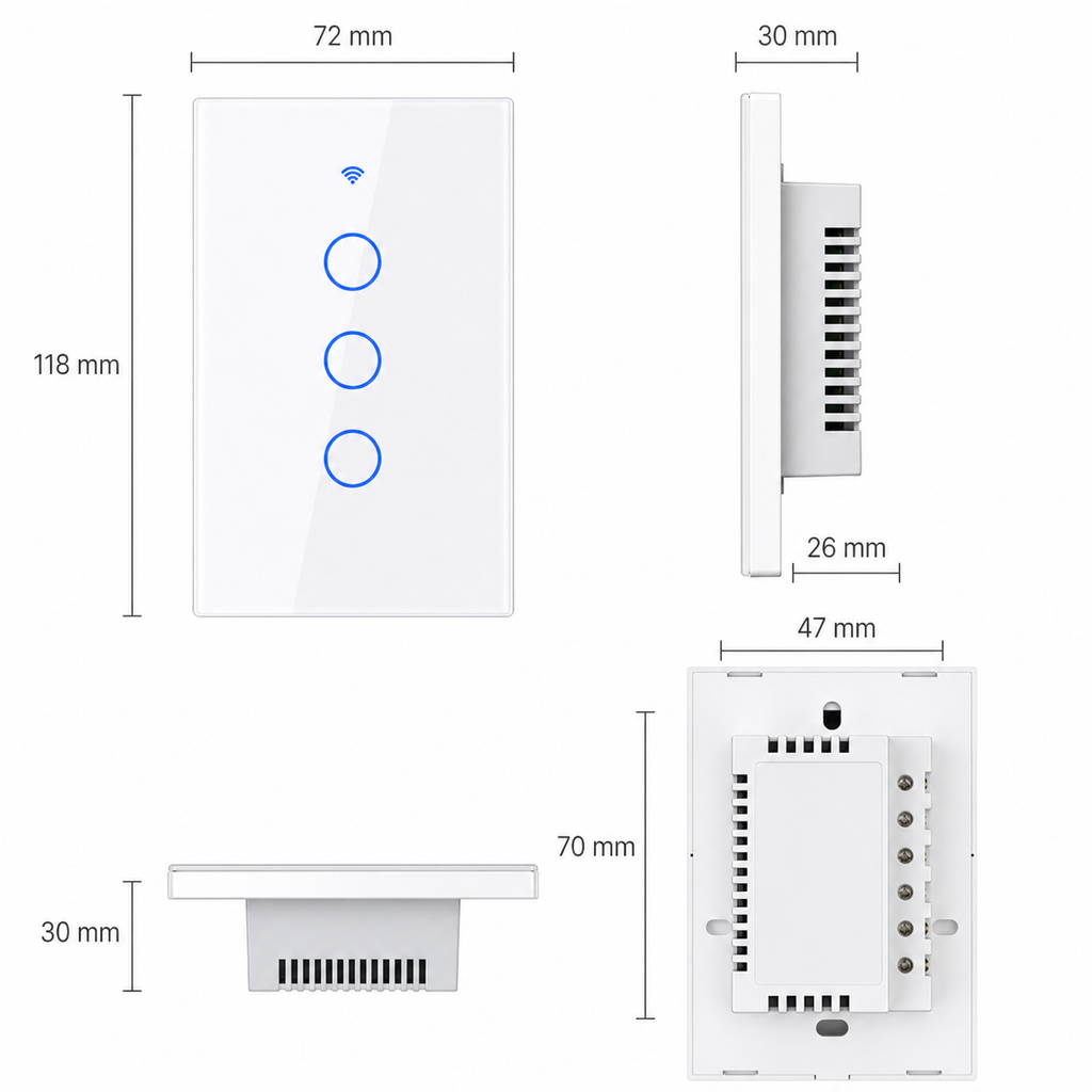 Technical dimensions diagram for white NéoGlass three-gang switch